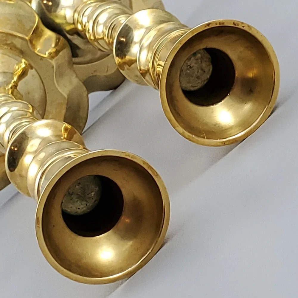 Brass Spindle Tapered Candlesticks Pair Scalloped Base MCM India 8